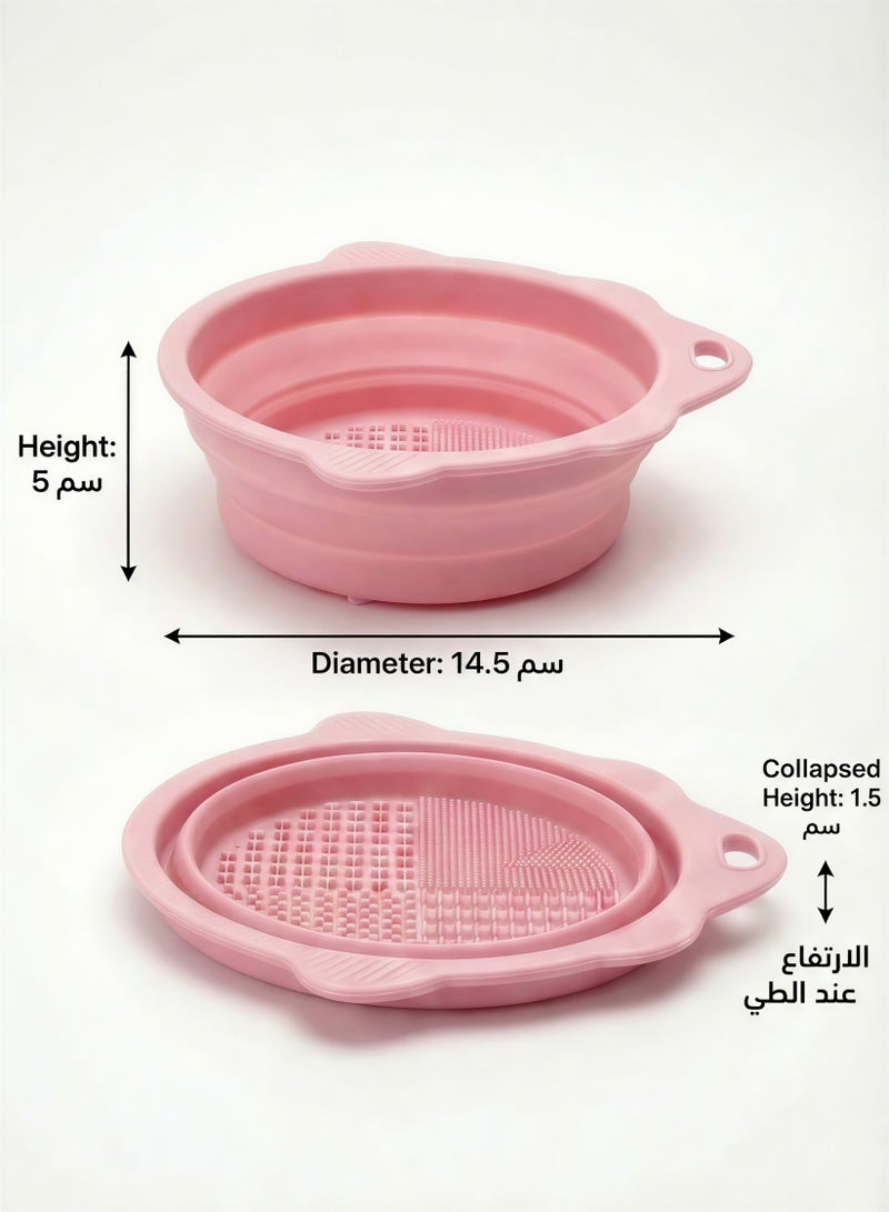 TRENZ Collapsible Silicone Makeup Brush Cleaning Bowl with Textured Scrubber Pad + Hanging Loop – Pink - Image 4